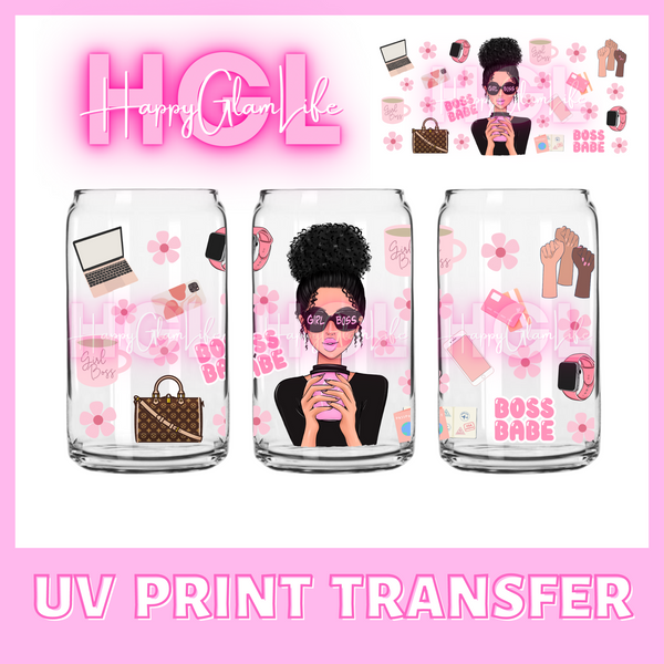 Boss Babe Dark Hair | Light Skin | Curly Hair  - UV Print Transfer